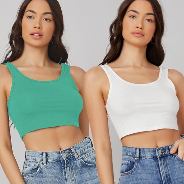 

2 Pack Scoop Neck Solid Crop Tank Top, Multicolor