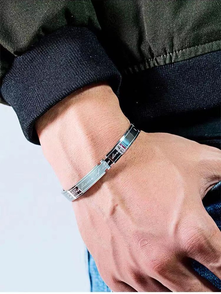 男士字母紋理手鐲 - 銀色 - 查看 2