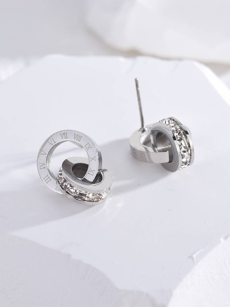 2pcs Korean Style Minimalist Titanium Steel Roman Numeral Earrings, Fashion Jewelry - Rose Gold - View 10