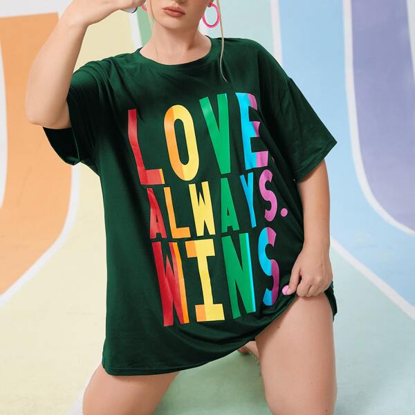 

Plus LGBT Slogan Graphic Drop Shoulder Longline Tee, Dark green