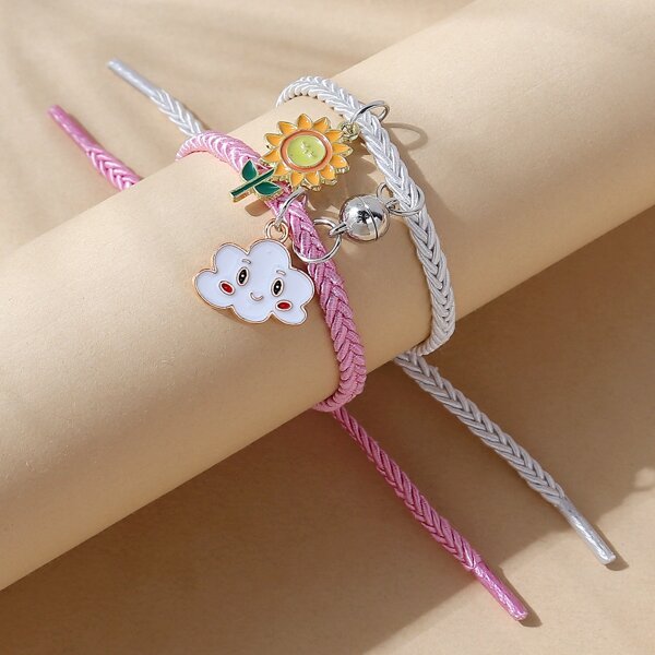 

2pcs Flower Charm Bracelet, Multicolor