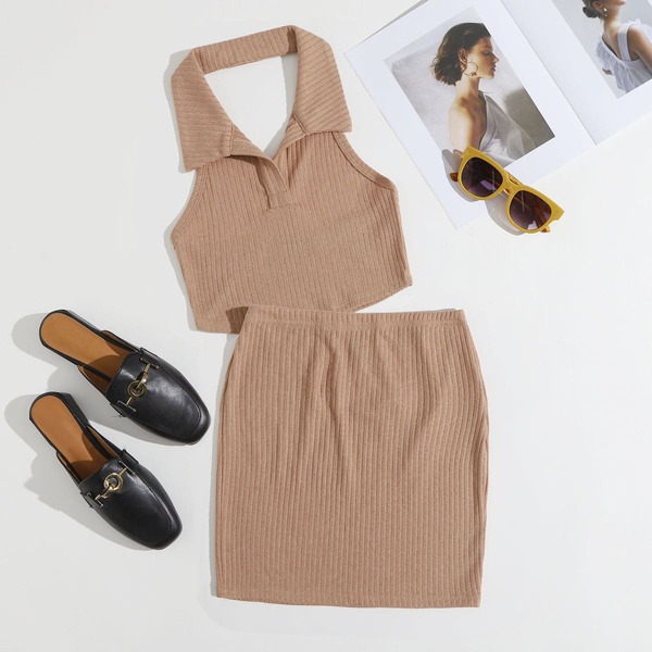

Rib-knit Crop Halter Top & Skirt Set, Khaki