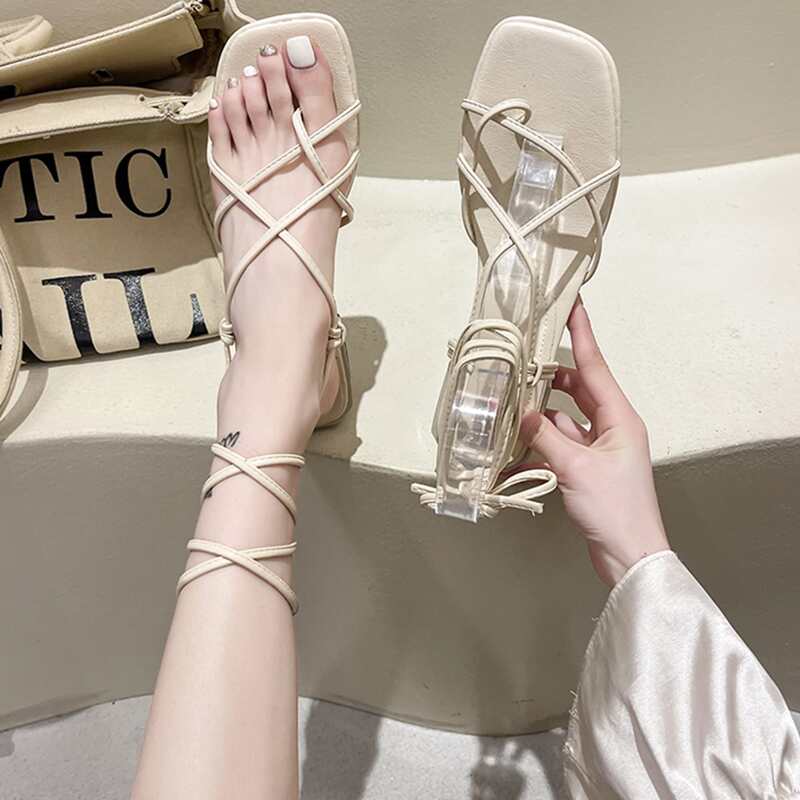 

Tie Leg Chunky Heeled Sandals, Beige