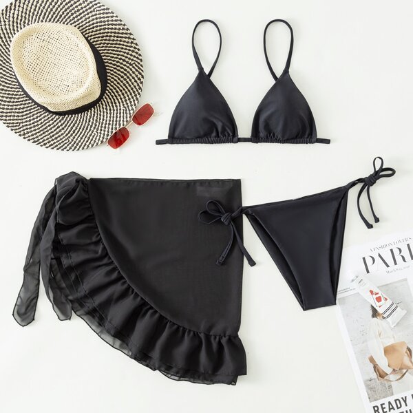 

3pack Triangle Bikini Swimsuit With Ruffle Beach Skirt, Black