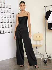 SHEIN BAE Lace Up Backless Solid Slip Jumpsuit