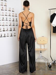 SHEIN BAE Lace Up Backless Solid Slip Jumpsuit