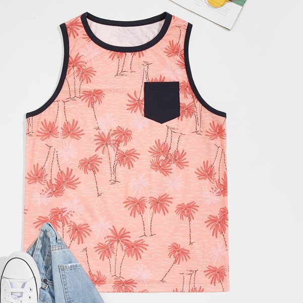 

Men Palm Tree Print Pocket Front Tank Top, Pink
