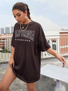 SHEIN Unity Camiseta de hombros caídos con estampado de letra - Marrón Chocolate - Ver 3