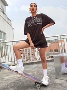 SHEIN Unity Camiseta de hombros caídos con estampado de letra - Marrón Chocolate - Ver 5