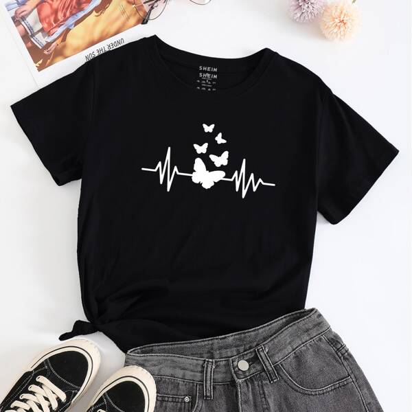 

Butterfly Print Round Neck Tee, Black