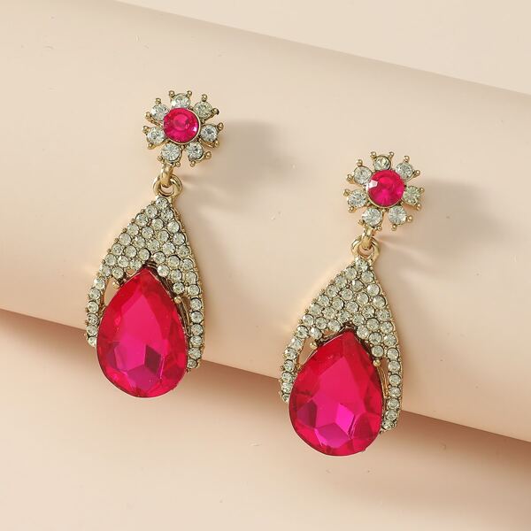

Rhinestone Decor Water Drop Earrings, Hot pink