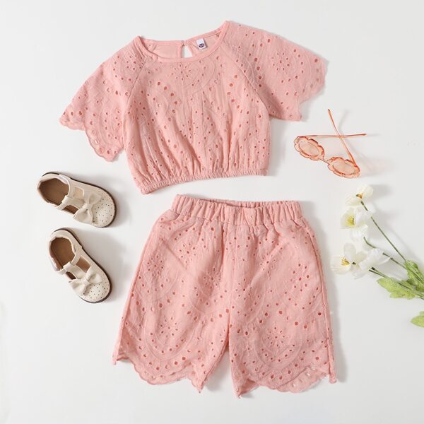 

Toddler Girls Eyelet Embroidery Blouse & Shorts, Coral pink