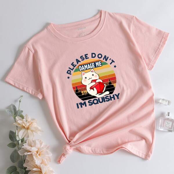 

Letter & Cartoon Graphic Tee, Baby pink