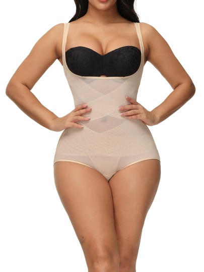 Apricot Mesh Fabric High Stretch Slimming Shapewear Bodysuit For Women