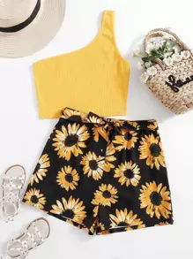 SHEIN Teen Girls One Shoulder Rib-knit Top & Floral Belted Shorts Set - Multicolor - View 1