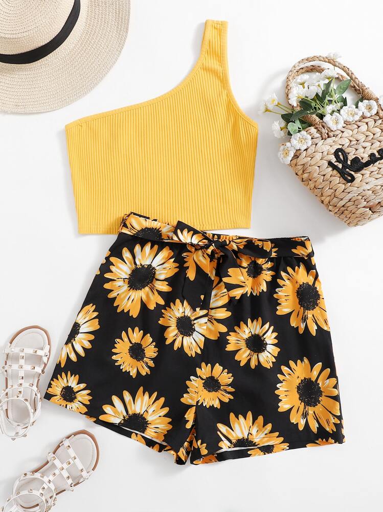 SHEIN Teen Girls One Shoulder Rib-knit Top & Floral Belted Shorts Set - Multicolor - View 1