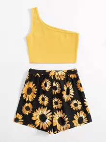 SHEIN Teen Girls One Shoulder Rib-knit Top & Floral Belted Shorts Set - Multicolor - View 2