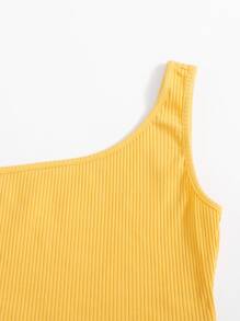 SHEIN Teen Girls One Shoulder Rib-knit Top & Floral Belted Shorts Set - Multicolor - View 3