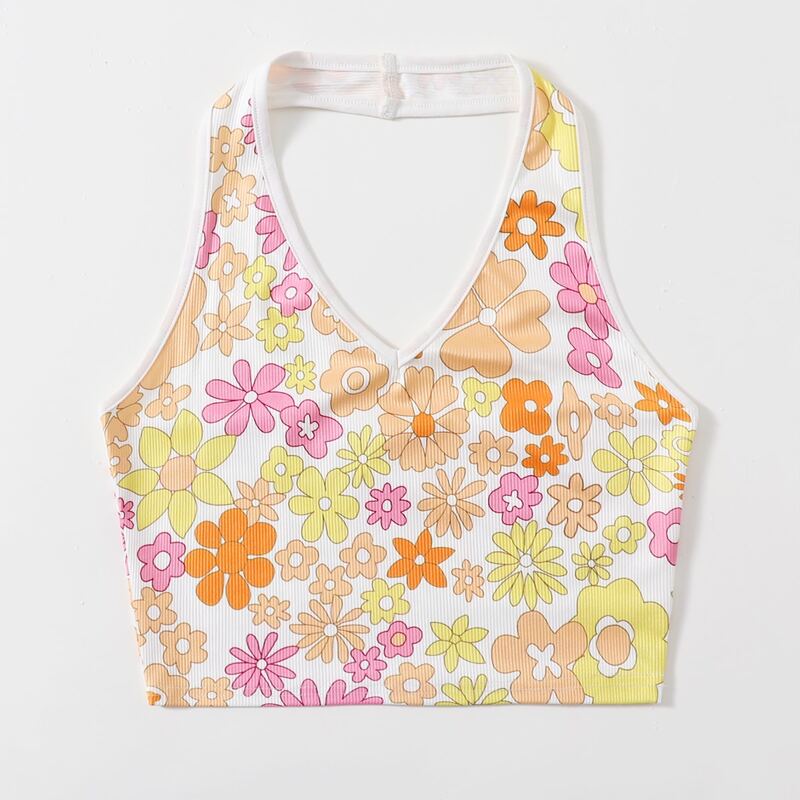 

Floral Print Ribbed Halter Top, Multicolor