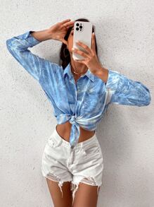 Tie Dye Button Through Blouse - Blue - View 1