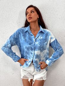 Tie Dye Button Through Blouse - Blue - View 3