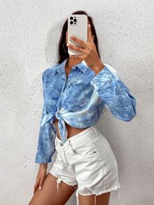 Tie Dye Button Through Blouse - Blue - View 7