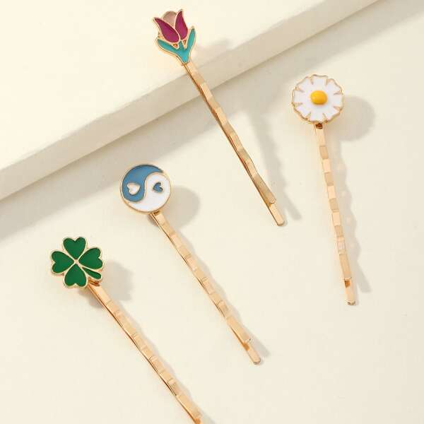 

4pcs Yin & Yang Decor Hair Clip, Gold