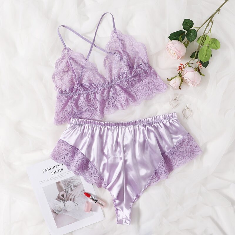 

Plus Floral Lace Satin Lingerie Set, Mauve purple
