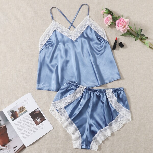 

Plus Lace Trim Satin Lingerie Set, Blue