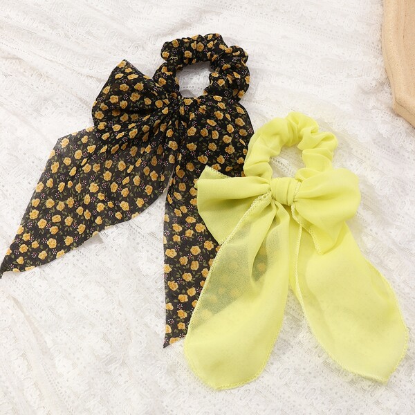 

2pcs Flower Print Scarf Hair Tie, Multicolor