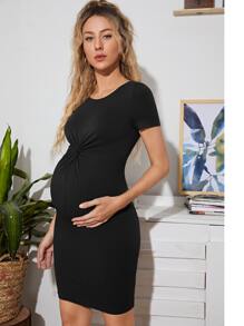 SHEIN Maternity Twist Front Solid Bodycon Dress - Black - View 4
