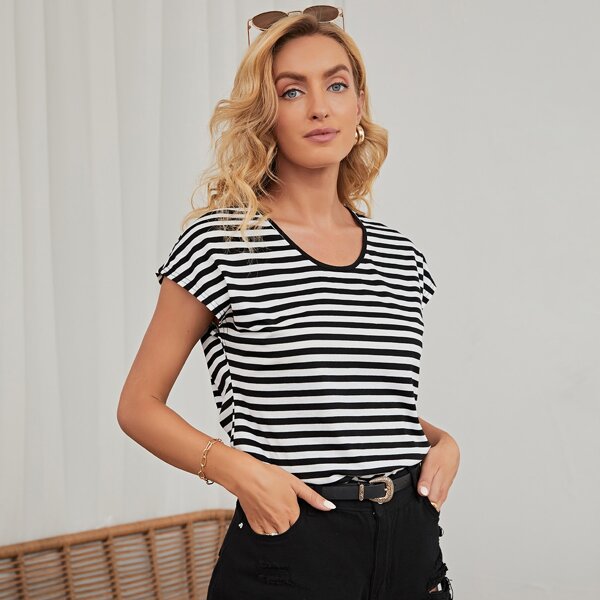 

Batwing Sleeve Striped Tee, Black and white