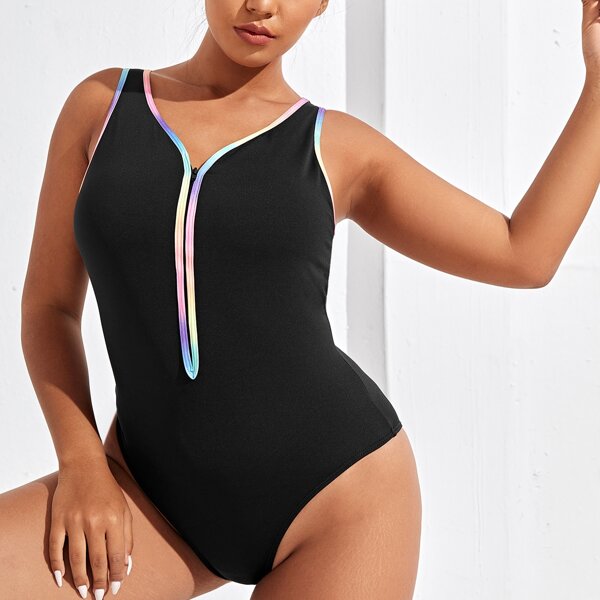 

Plus Contrast Binding Sports Bodysuit, Black