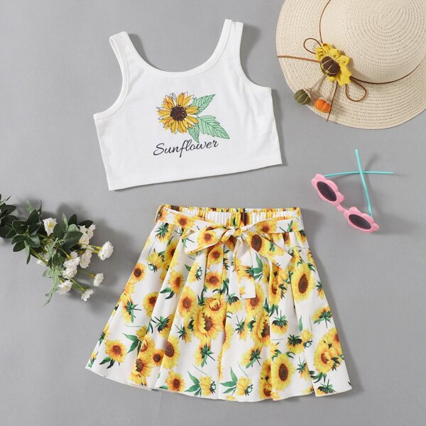 

Toddler Girls Sunflower Print Tank Top & Belt Skirt, White