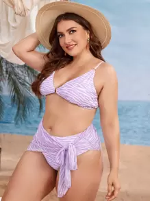 SHEIN Swim Curve Plus Size 3packs Zebra Stripe Bikini Set & Beach Skirt Summer Beach