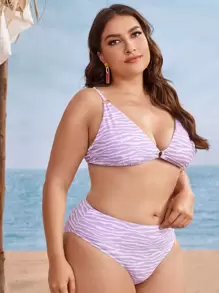 SHEIN Swim Curve Plus Size 3packs Zebra Stripe Bikini Set & Beach Skirt Summer Beach