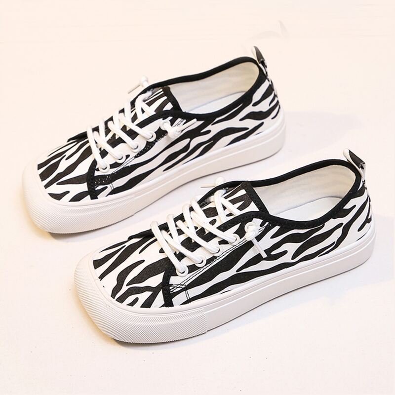 

Zebra Striped Lace-up Canvas Sneakers, Black and white