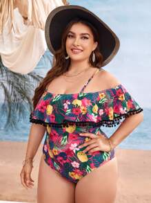 Plus Tropical Pom-pom Trim Flounce One Piece Swimsuit - Multicolor - View 4