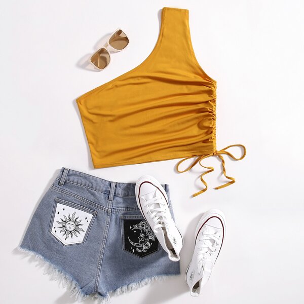 

Plus One Shoulder Drawstring Side Top, Mustard yellow