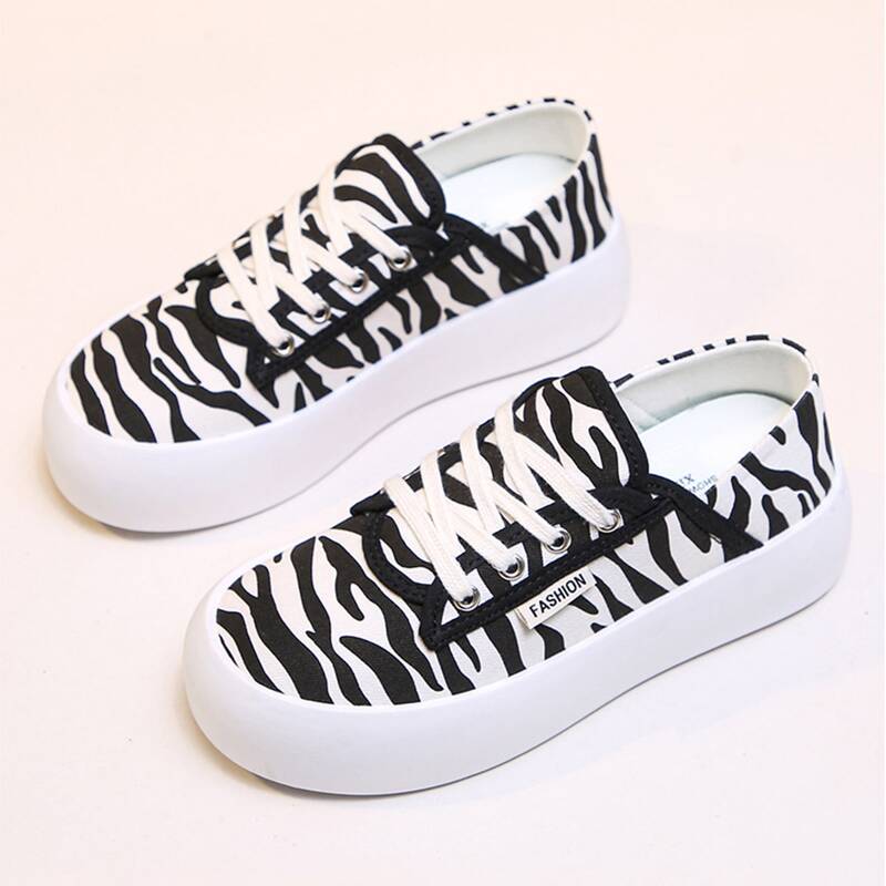 

Zebra Striped Lace-up Canvas Sneakers, Black and white