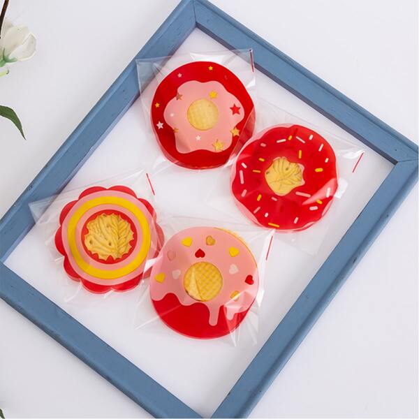 

100pcs Donuts Print Packaging Bag, Red