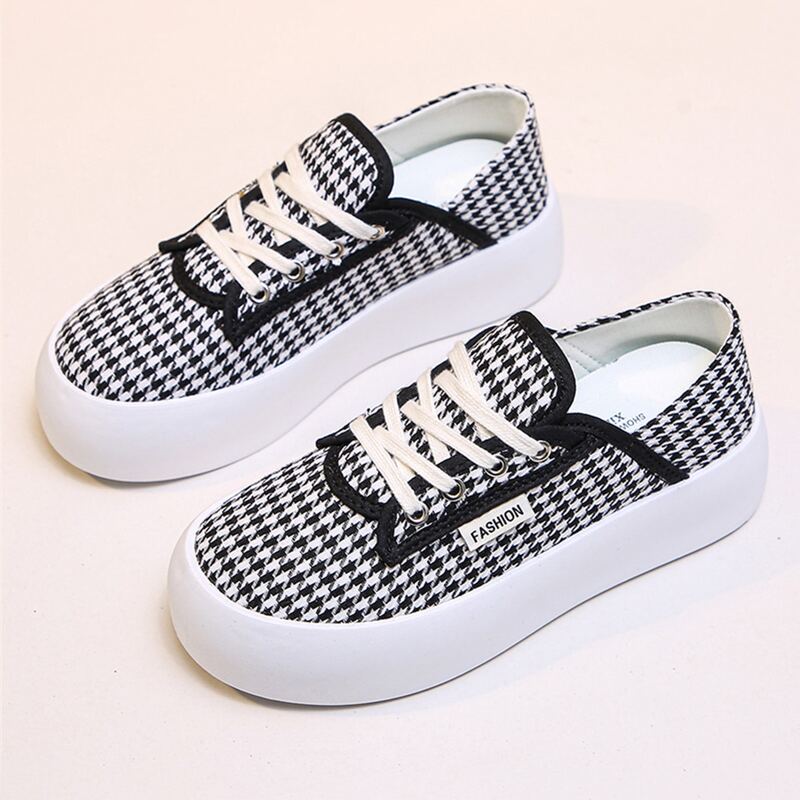 

Houndstooth Lace-up Canvas Sneakers, Black and white
