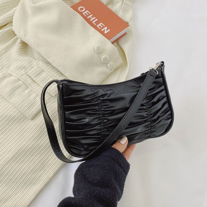 

Solid Ruched Baguette Bag, Black