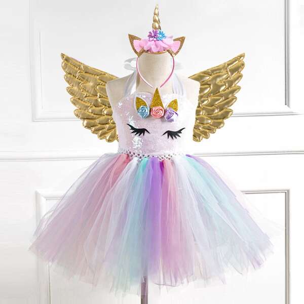 

Toddler Girls Unicorn Pattern Rainbow Tutu Party Dress & Hair Hoop & Wings, Multicolor