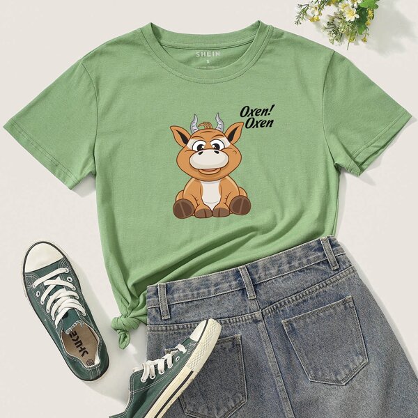 

Cattle And Letter Graphic Tee, Mint green