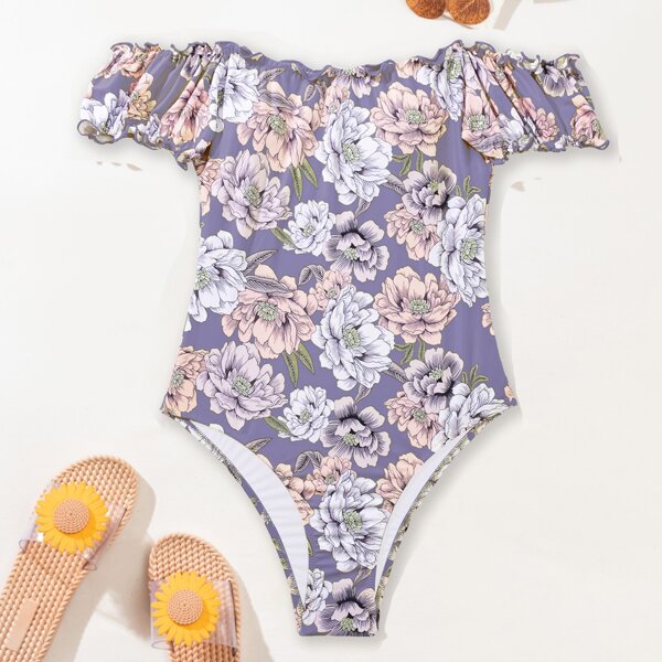 

Floral Print Lettuce Trim One Piece Swimsuit, Multicolor