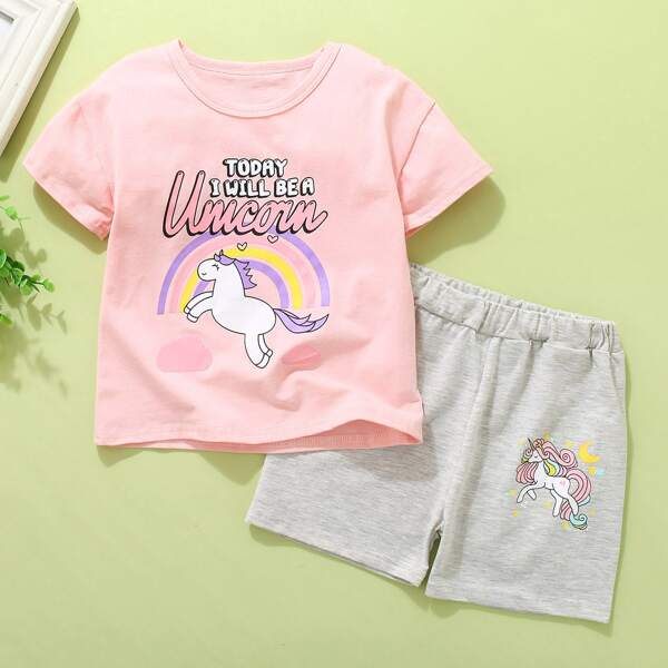 

Toddler Girls Cartoon And Slogan Graphic Tee & Shorts, Pink