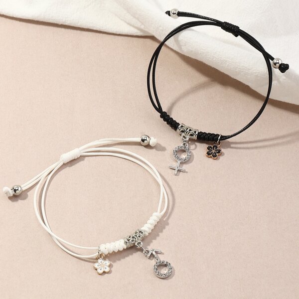 

2pcs Couple Flower Charm Bracelet, Black and white