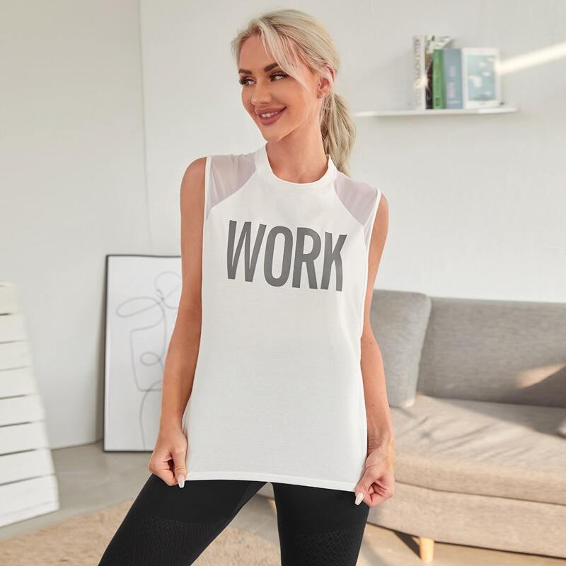 

Letter Graphic Mesh Panel Sports Tank Top, White