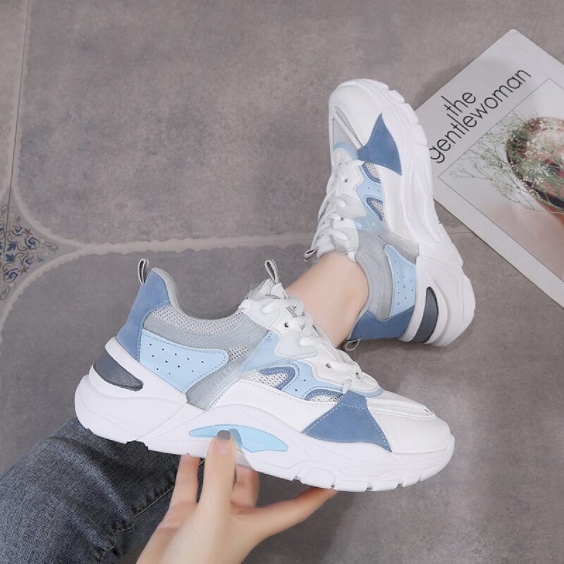 

Colorblock Lace-up Chunky Sneakers, Blue and white
